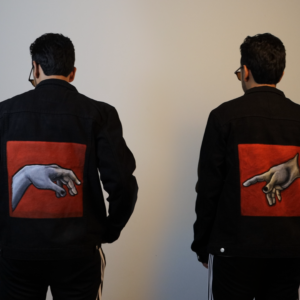 Pair of Hand Painted Denim Jackets: The Creation of Adam